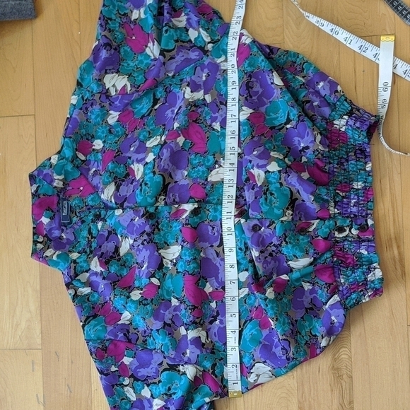 VINTAGE 90s floral blouse turquoise purple button up shirt Medium @L - Picture 8 of 9